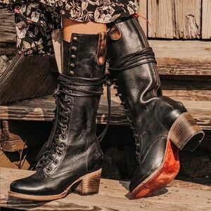 Black “Grany” Lace-Up Leather Boots, 8